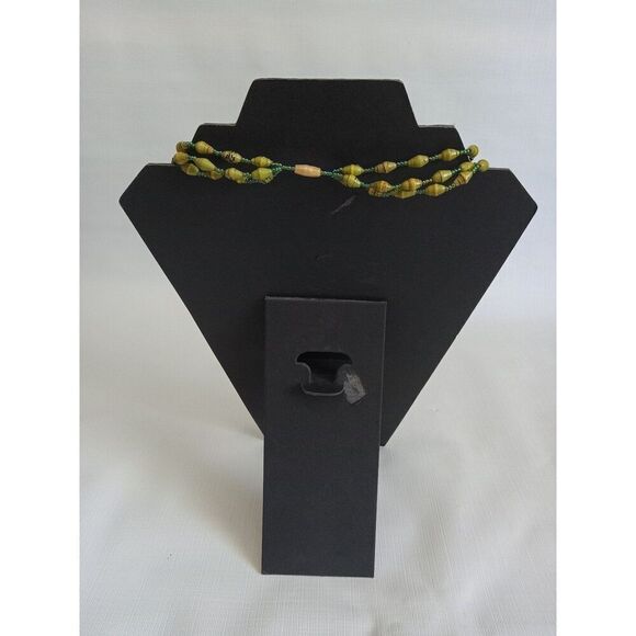 Bright Green Striped Paper and Seed Beaded Lightweight Triple Strand Necklace - Picture 2 of 9